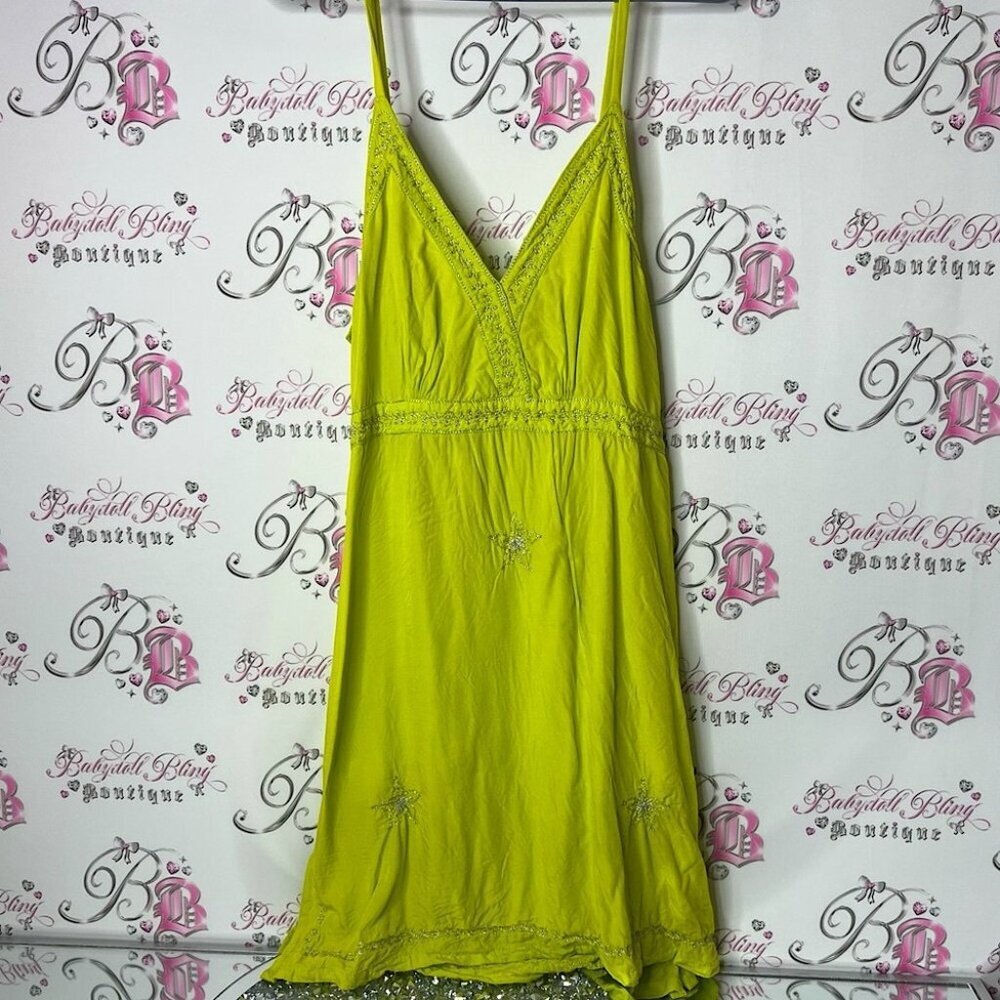 Dress embroidered boho flowy one size fits all Vibrant Green Sleeveless Dress